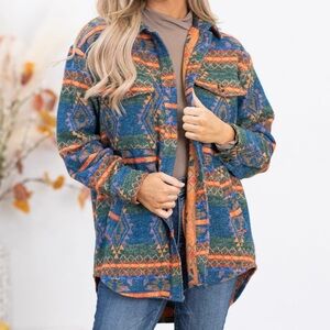 Davi & Dani 2X Blue and Neon Orange Aztec Print Shacket